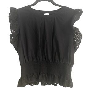 Joie Smocked Eyelet Top Ruffle Sleeve Blouse Black Women's M‎ Cottage Feminine
